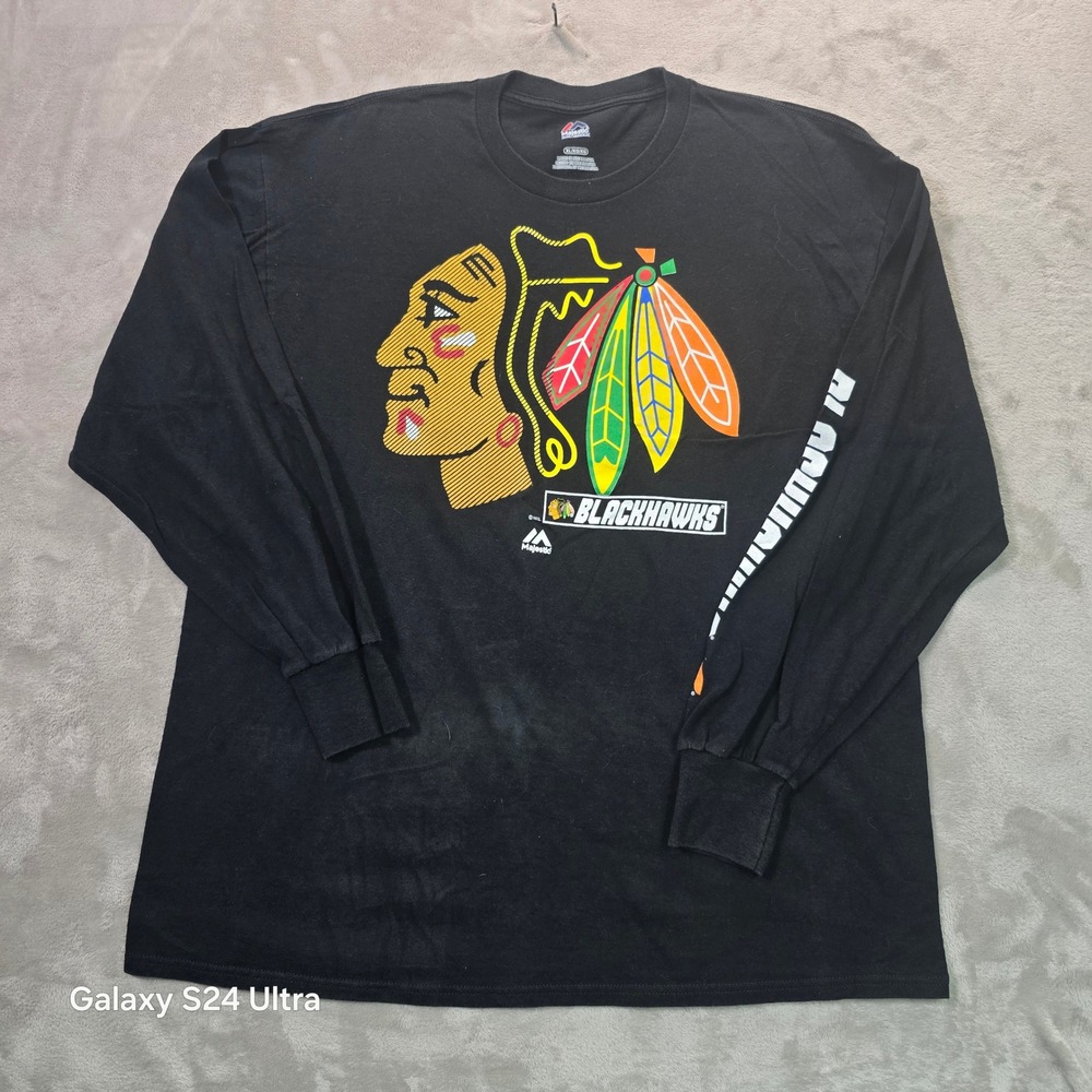 Majestic Chicago Blackhawks NHL Long Sleeve Shirt Mens XL Black Graphic Tee